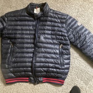 Moncler Blue and Red Puffer Jacket with Sporty Ribbed Trim